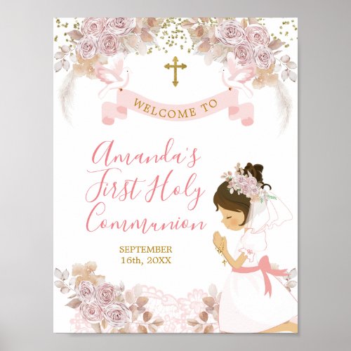 Boho Pink Floral Girl FIRST Holy Communion Sign
