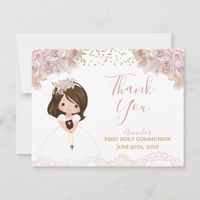 Boho Pink Floral Girl First Holy Communion Thank You Card (Front)