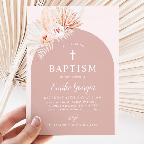 Boho Pink Floral Girls Baptism Christening Invitation