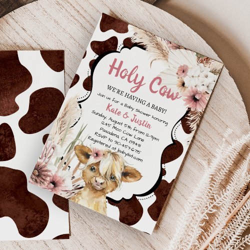 Boho Pink Floral Highland Cow Baby Shower Invitation