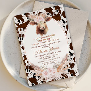 Boho Pink Floral Highland Cow Cowhide Baby Shower Invitation