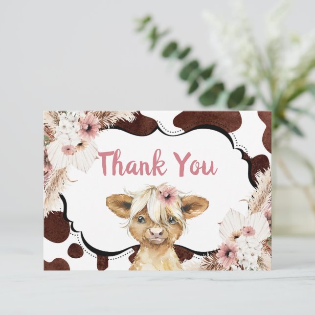Boho Pink Floral Highland Cow Thank You Card (Standing Front)