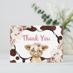 Boho Pink Floral Highland Cow Thank You Card