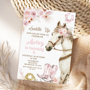 Boho Pink Floral Horse Saddle Up Birthday Invitation