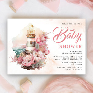 Boho Pink Floral Lighthouse Nautical Baby Shower   Invitation