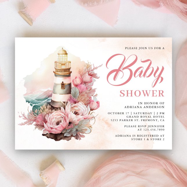 Boho Pink Floral Lighthouse Nautical Baby Shower   Invitation (Creator Uploaded)