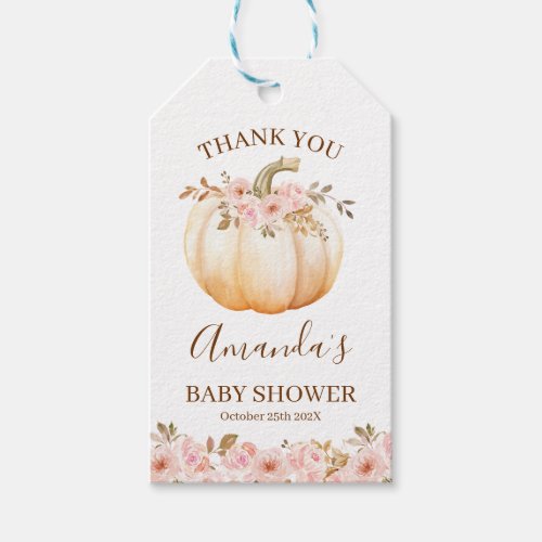 Boho Pink Floral Little Pumpkin Baby Shower  Gift Tags