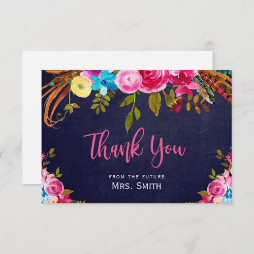 Boho Pink Floral Navy Bridal Shower Thank You Card