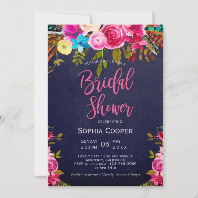 Boho Pink Floral Navy Chalkboard Bridal Shower  Invitation (Front)