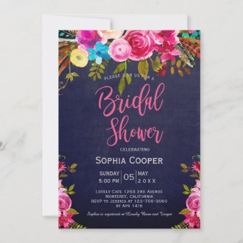Boho Pink Floral Navy Chalkboard Bridal Shower  Invitation by LilyPaperDesign at Zazzle