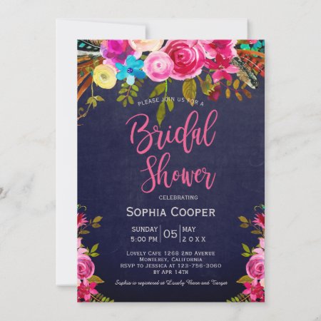 Boho Pink Floral Navy Chalkboard Bridal Shower  Invitation