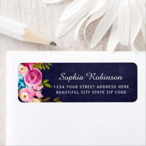 Boho Pink Floral Navy Wedding Return Address Label