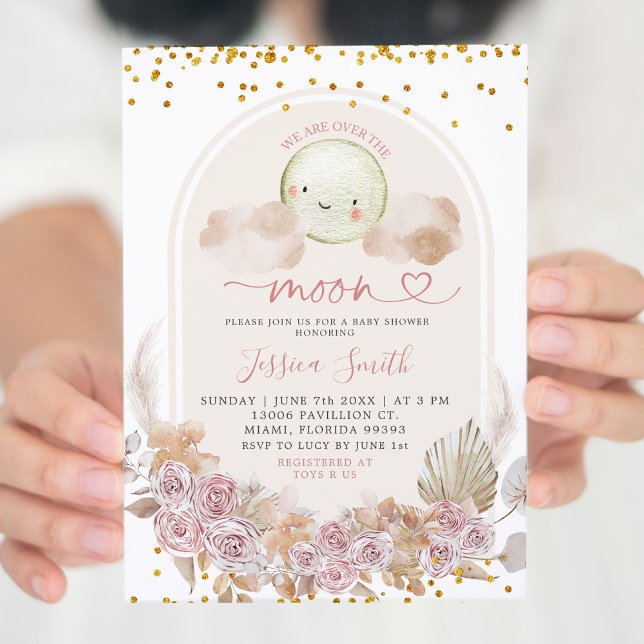 Boho Pink Floral Over The Moon Baby Shower Invitat Invitation (Creator Uploaded)