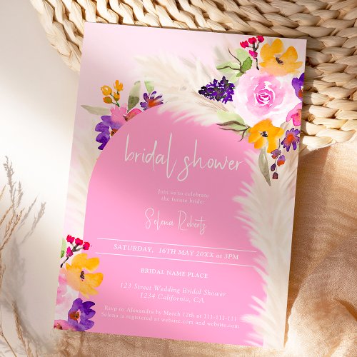 Boho pink floral pampas desert arch bridal shower invitation