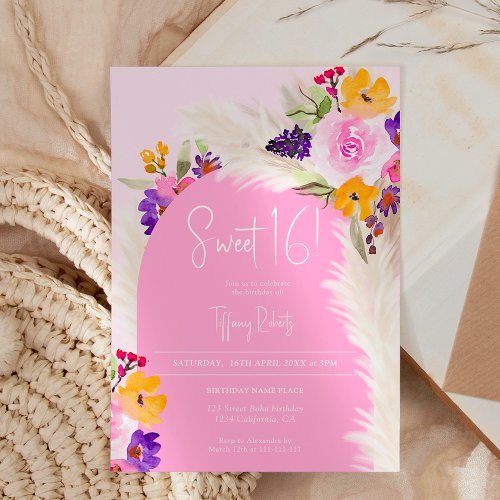 Boho pink floral pampas desert arch Sweet 16 Invitation