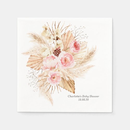 Boho pink Floral Pampas Grass Baby Girl Shower Napkins