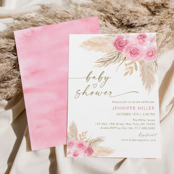 Boho Pink Floral Pampas Grass Baby Shower Invitation by LittlePrintsParties at Zazzle