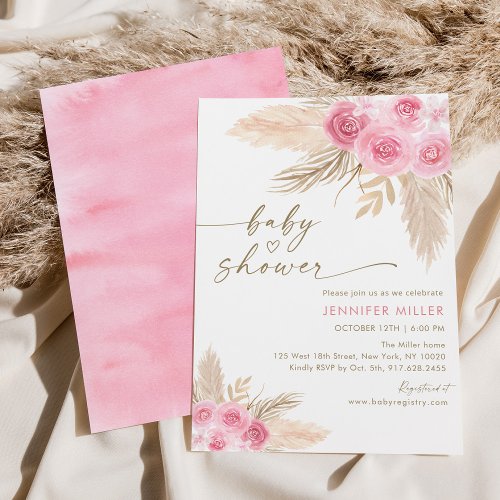 Boho Pink Floral Pampas Grass Baby Shower Invitation