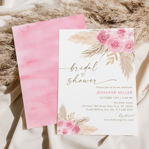 Boho Pink Floral Pampas Grass Bridal Shower Invitation