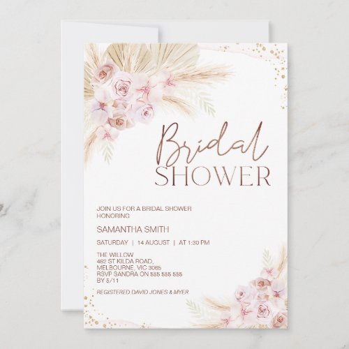 Boho Pink Floral Pampas Grass Bridal Shower Invitation