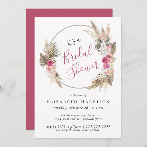 Boho Pink Floral Pampas Grass Bridal Shower Invitation