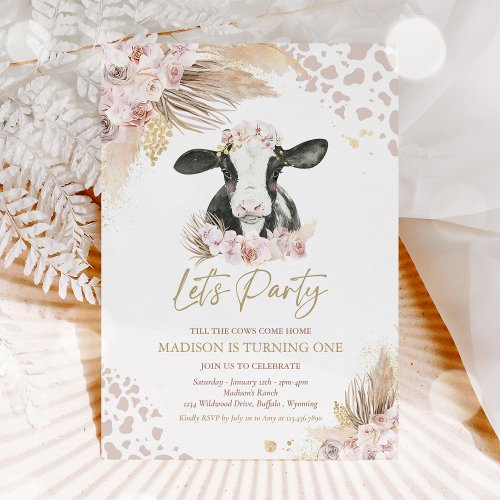 Boho Pink Floral Pampas Grass Cow Birthday Party Invitation