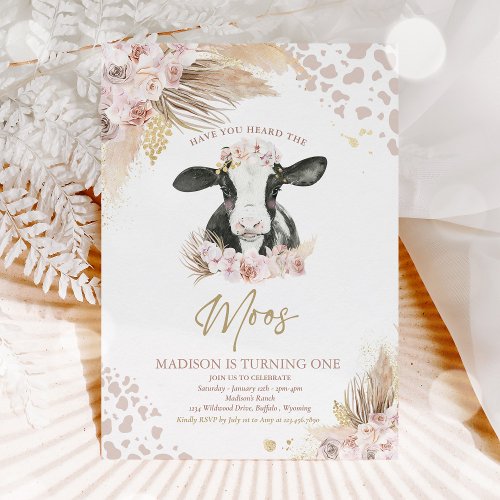 Boho Pink Floral Pampas Grass Cow Birthday Party  Invitation
