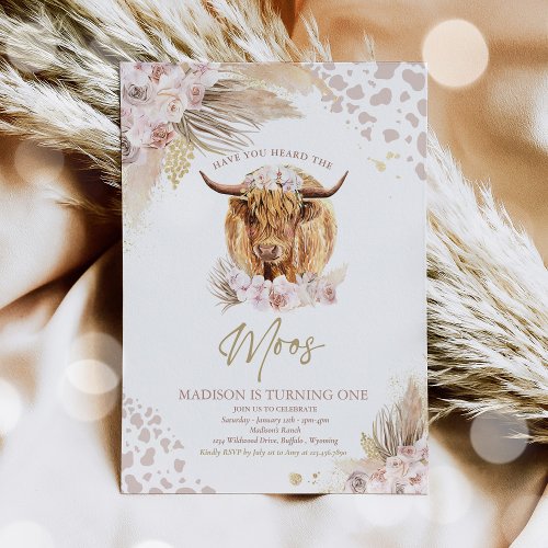 Boho Pink Floral Pampas Grass Highland Cow Party Invitation
