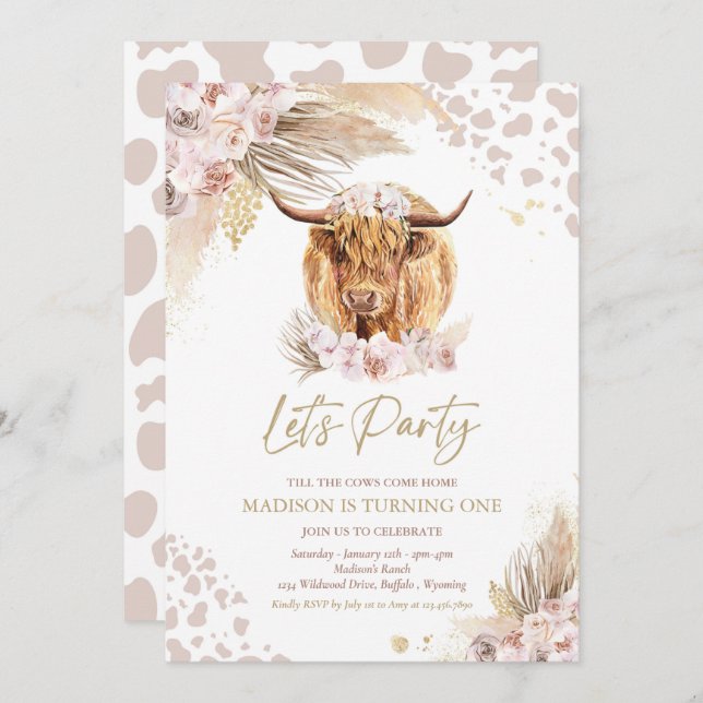 Boho Pink Floral Pampas Grass Highland Cow Party Invitation (Front/Back)