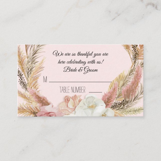 Boho Pink Floral Pampas Grass Palm Place Cards (Front)