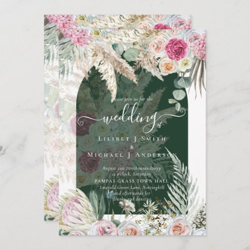 BOHO Pink Floral Pampas Grass Wedding Invitation