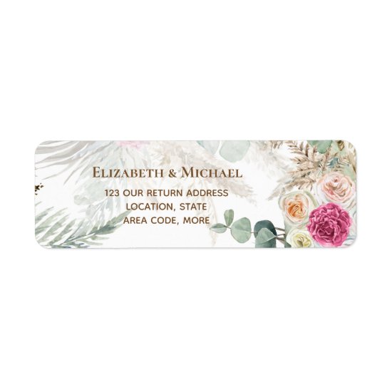 BOHO Pink Floral Pampas Wedding Return Address Label