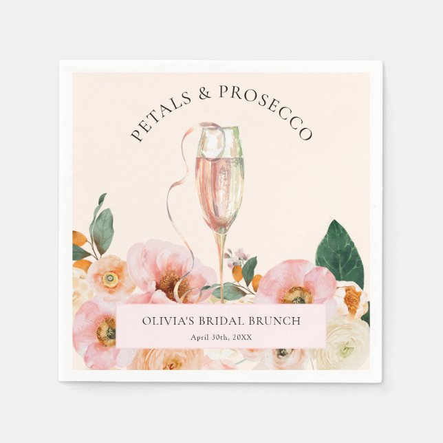 Boho Pink Floral Petals & Prosecco Bridal Brunch Napkins (Front)