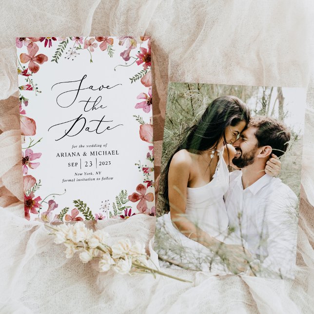 Boho Pink Floral Photo Wedding Save The Date  Invitation (Creator Uploaded)