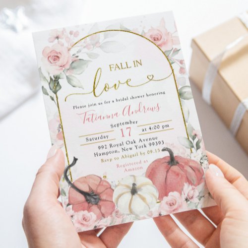 Boho Pink Floral Pumpkin Fall in Love Shower Invitation