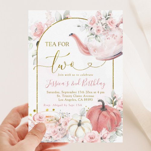 Boho Pink Floral Pumpkin Tea For Two Fall Birthday Invitation