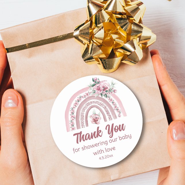 Boho Pink Floral Rainbow Baby Shower Thank You  Classic Round Sticker (Creator Uploaded)