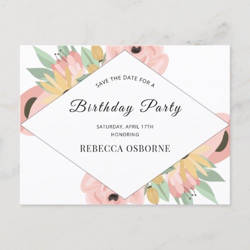 Boho Pink Floral Save The Date Birthday Invitation Postcard