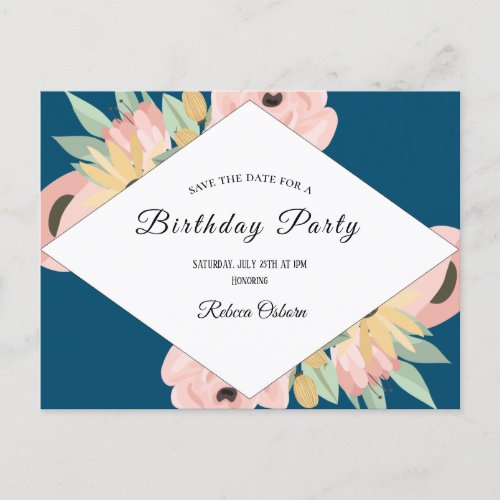 Boho Pink Floral Save The Date Blue Birthday Invitation Postcard