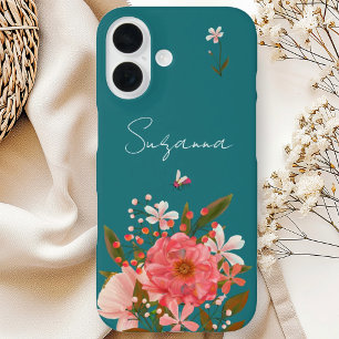 Boho Pink Floral Script Personalize Name iPhone 16 Case