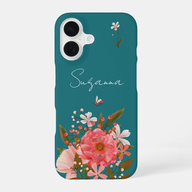  Boho Pink Floral Script Personalize Name Iphone Case (Back)