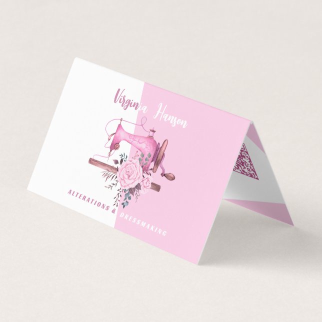Boho Pink Floral Seamstress Sewing Machine Folded Business Card (Front)