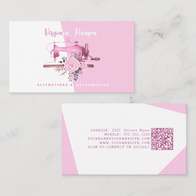 Boho Pink Floral Seamstress Sewing Machine Tailor Business Card (Front/Back)