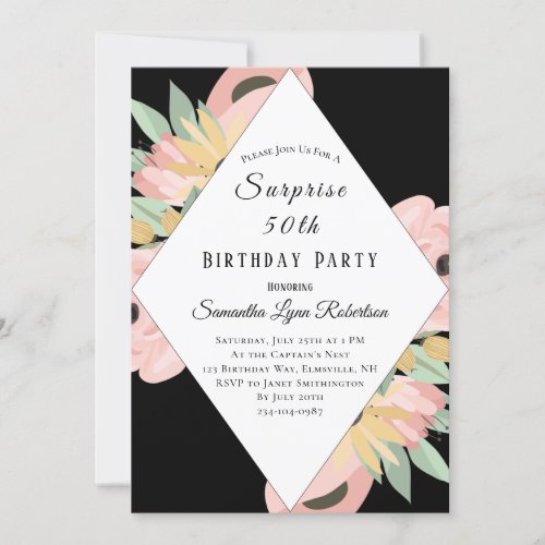 Boho Pink Floral Surprise 50th Birthday Invitation