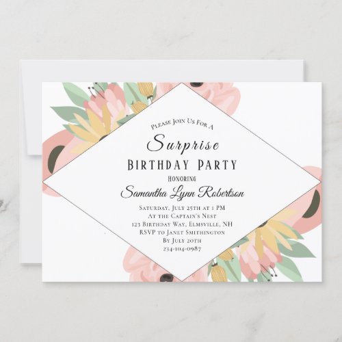 Boho Pink Floral Surprise Birthday Party Invitation