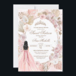 Boho Pink Floral Sweet Sixteen, 16th Birthday  Inv Invitation<br><div class="desc">Birthday invitation in an elegant boho style. Blush pink and white roses,  dried floral,  palm and pampas grass and a girl in a beautiful matching gown. 

Check the shop for this invitation with girls in different hair colors and skin tones and more variations.</div>