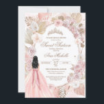 Boho Pink Floral Sweet Sixteen, 16th Birthday  Inv Invitation<br><div class="desc">Birthday invitation in an elegant boho style. Blush pink and white roses,  dried floral,  palm and pampas grass and a girl in a beautiful matching gown. 

Check the shop for this invitation with girls in different hair colors and skin tones and more variations.</div>