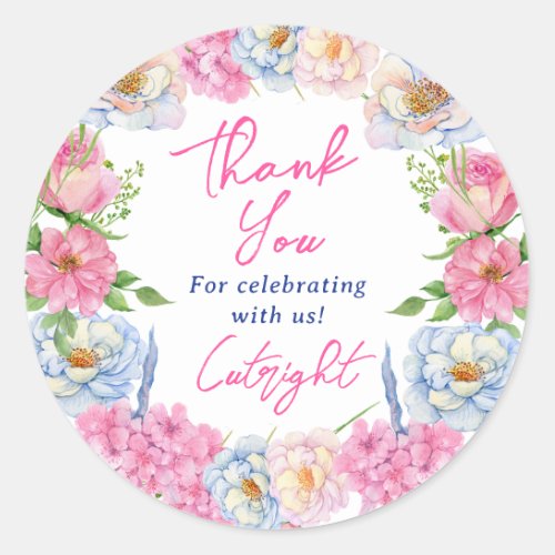 Boho pink floral thank you bridal shower classic classic round sticker