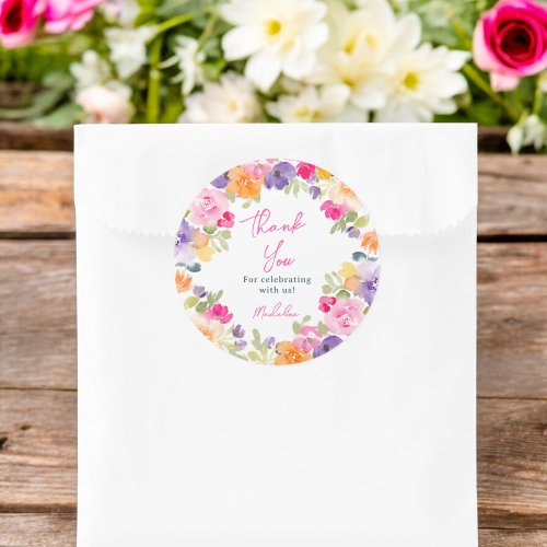 Boho pink floral thank you bridal shower classic round sticker