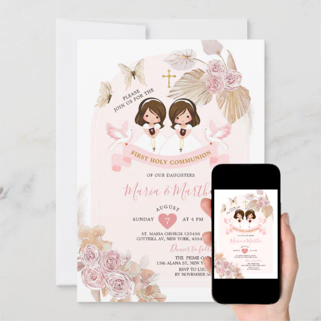 Boho Pink Floral Twin Girl First Holy Communion Invitation | Zazzle